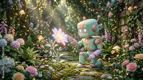 Cute Pastel Robot Interacting with a Glowing Flower in a Whimsical Garden | Futuristic Nature Concept Art