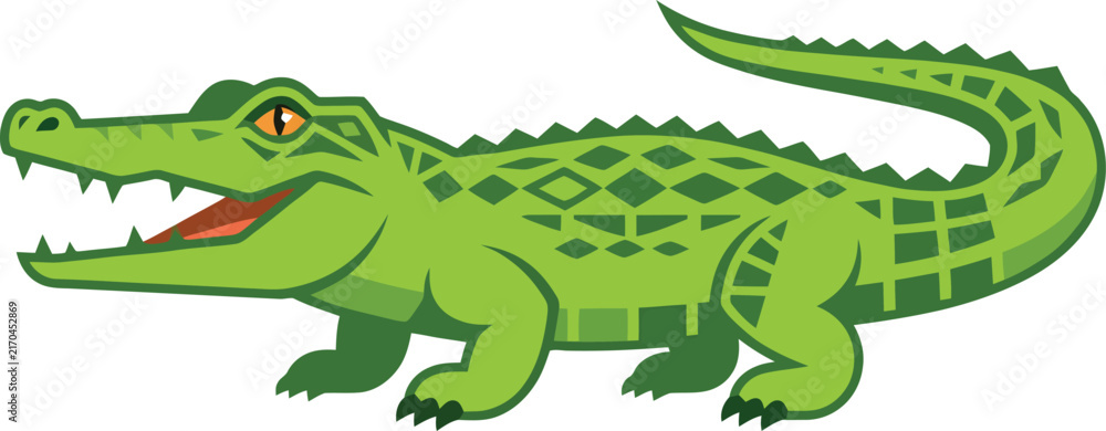 Fototapeta premium A vibrant green cartoon alligator illustration with an open mouth.