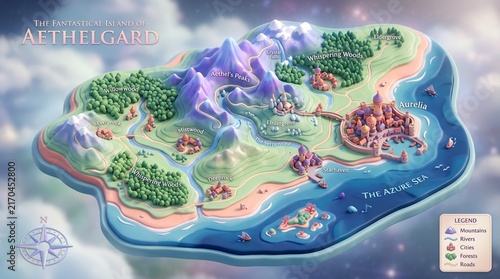 Fantastical Pastel Topographical Island Map with Mountains, Rivers and Cities | Cinematic 3D Concept Art