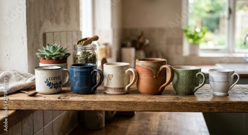 rustic handmade clay cups arranged on a simple wooden stand, authentic artisan pottery. Generative AI