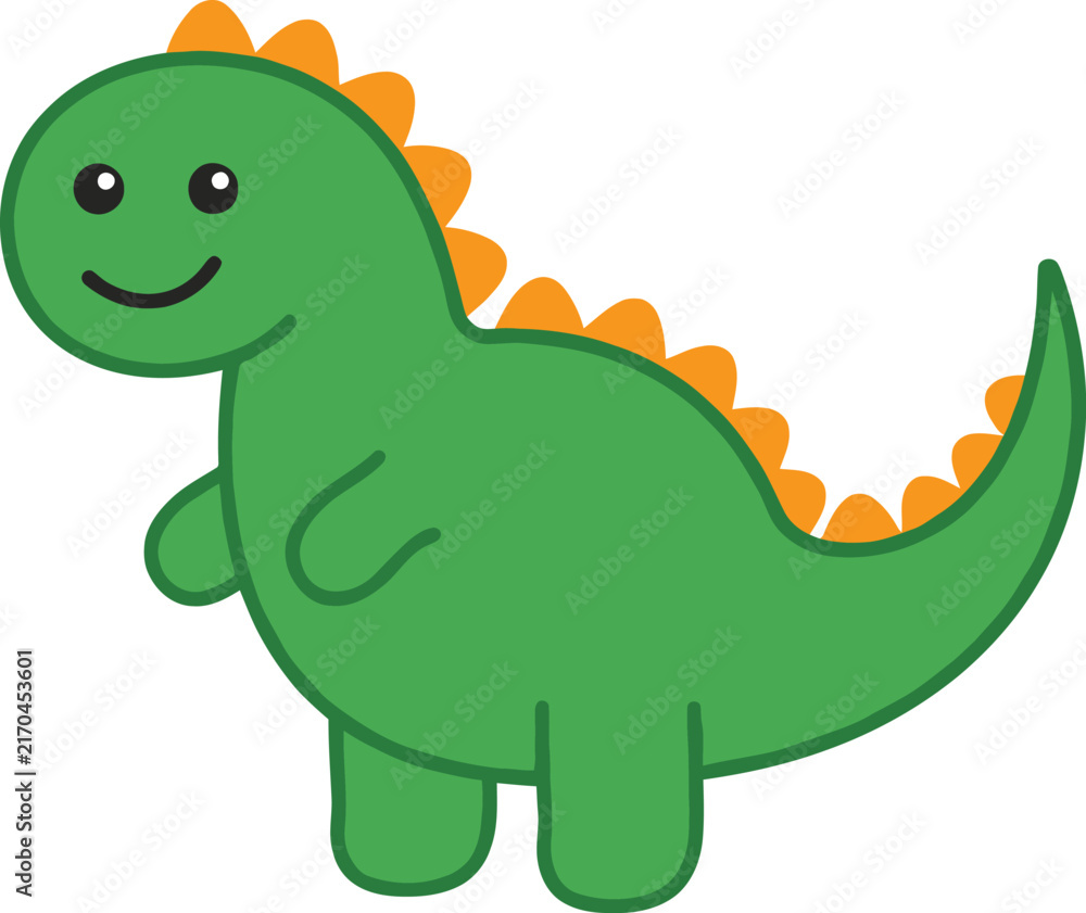 Fototapeta premium A cute cartoon green dinosaur with orange spikes on its back.