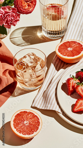 Summer cocktail and mocktail party flat lay with grapefruit, strawberries and iced drinks, fresh flowers and linen napkins in bright sunlight styling.