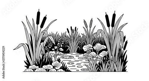 Fotografie Black and white cattail wetland landscape.