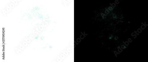 Foto Glow-in-the-dark powder texture, luminous green speckles on black and white back