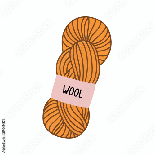 Orange knitted wool yarn ball with label isolated
