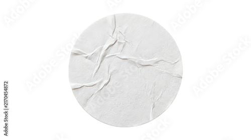 Crumpled white paper sticker, round wrinkled adhesive label, textured circular glue poster mockup for branding isolated on Transparent Background