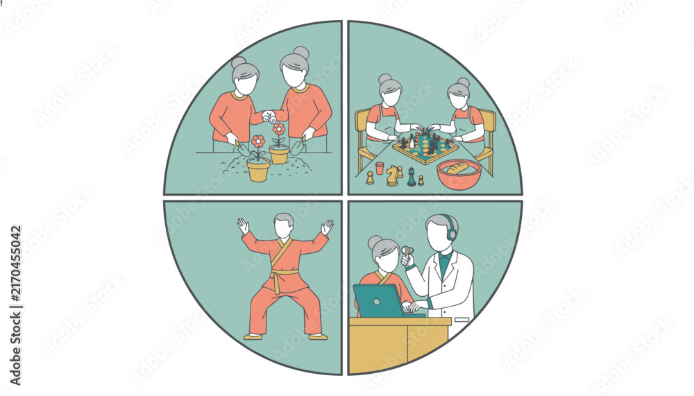 Fototapeta premium Elderly people engaging in gardening chess tai chi and healthcare vector illustration