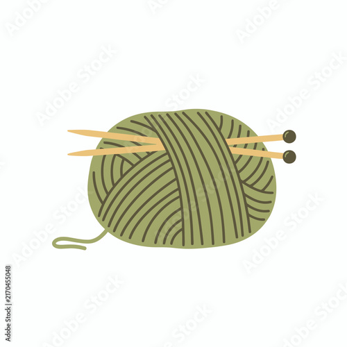 Green Yarn Ball With Knitting Needles Isolated