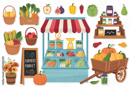 Colorful Farmers Market Produce Stand with Fresh Vegetables and Fruits
