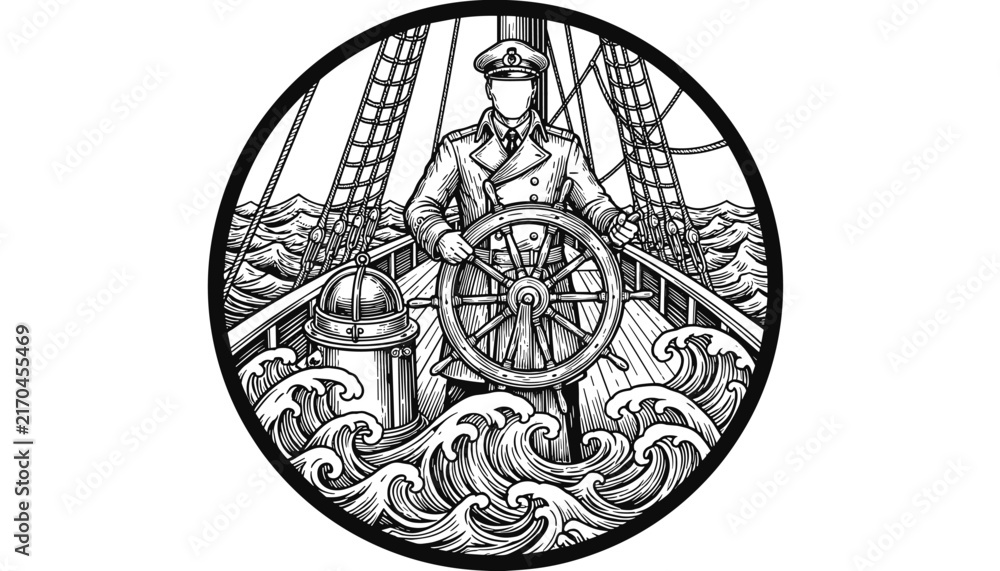 Fototapeta premium Ship captain at wooden steering wheel navigating vessel through rough ocean waves emblem