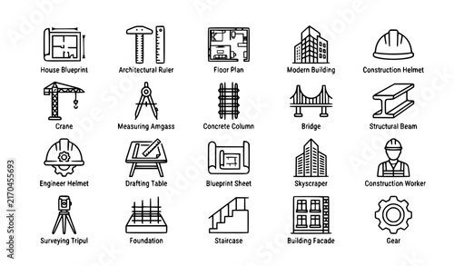 Architecture and Engineering Thin Line Icon Set with Building Construction and Blueprint Symbols