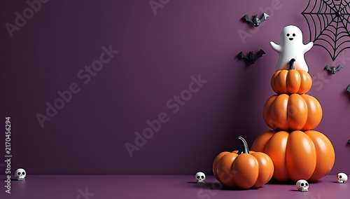 A Cute Halloween Scene Featuring Stacked Pumpkins With A Friendly Little Ghost