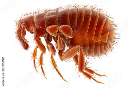 Detailed close-up view of a brown flea isolated on a white background
