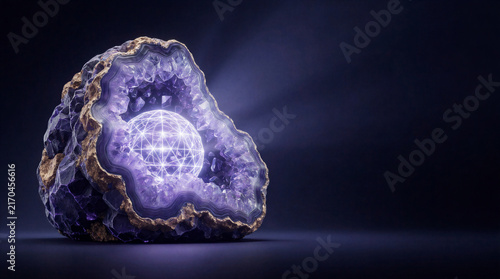 Massive geode cluster representing interconnected global energy grids resting in a deep navy gradient