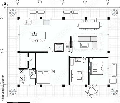 Residential Architectural CAD Floor Plan with Kitchen Living Room Bedrooms and Outdoor Space