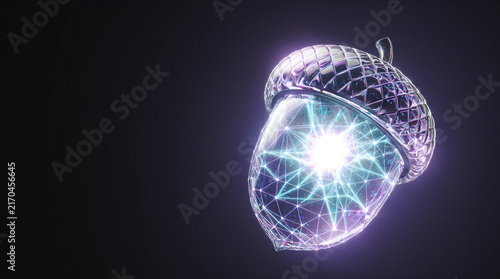 Sustainable innovation represented by a glowing crystal acorn opening into a geometric energy network against a dark background