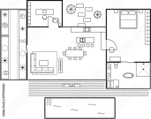 Residential Architectural CAD Floor Plan with Living Room Bedroom Bathroom and Outdoor Pool Area