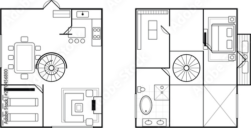 Small Residential CAD Floor Plan with Spiral Staircase Kitchen Bedroom Bathroom and Living Areas