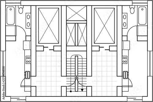 Residential Architectural CAD Floor Plan with Symmetrical Rooms Bathrooms Kitchen and Central Staircase