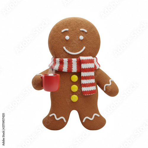 Cute smiling gingerbread man cookie wearing a red and white scarf and holding a cup of hot cocoa for christmas