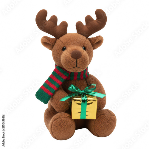 Cute brown plush reindeer toy wearing a red and green scarf and holding a small golden christmas gift box