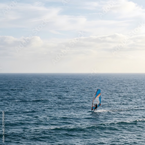 Obraz na płótnie Windsurfer crossing blue ocean under a cloudy sky
