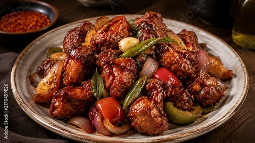 Spicy Sri Lankan Devilled Chicken with Crispy Pieces, Sweet Chili Sauce, Vegetables and Traditional Asian Flavors Served for Restaurant Menu and Food Marketing Campaigns