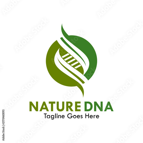 Eco friendly DNA helix logo inside a green circle leaf, perfect for biotechnology, genetics research, and organic science identity.