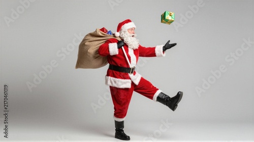 Man in red holiday costume carrying sack and tossing wrapped gift in studio