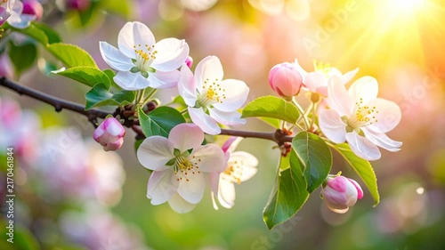 Vibrant Apple Blossoms on Branch in Bright Spring Sunlight with Soft Bokeh Background