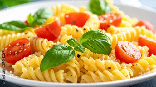 Fresh Fusilli Pasta with Cherry Tomatoes, Basil, and Parmesan Cheese on a White Plate