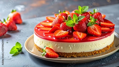 Delicious Strawberry Cheesecake with Fresh Berries, Red Glaze, and Mint Garnish on a Rustic Table