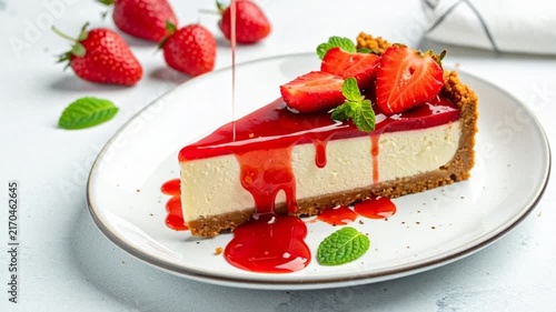 Strawberry cheesecake slice with red berry sauce being drizzled over, garnished with fresh strawberries and mint leaves on a white plate