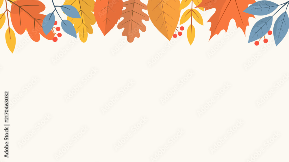 Fototapeta premium Autumn background with decorative border of colorful fall leaves. Ideal for seasonal invitations, greeting cards, posters, banners, flyers, social media, and other autumn-themed design