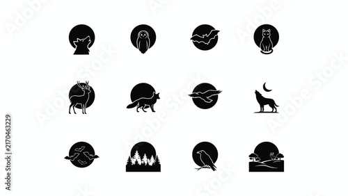 Black and white animal icons with moon background