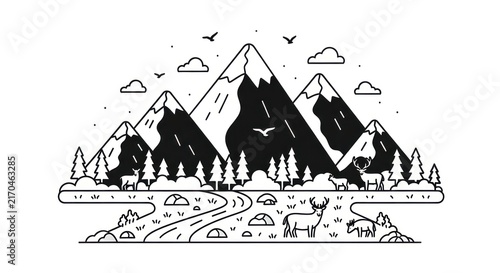 Картината върху платно Mountain landscape with animals and trees.