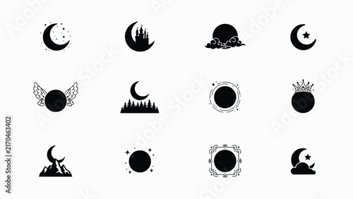 Fantasy moon icons with celestial and regal elements in minimalist
