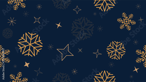 Luxury winter seamless pattern with golden line art snowflakes and sparkling stars on a dark navy blue backdrop