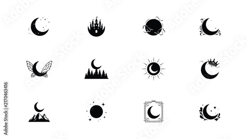 Fantasy moon symbols with mystical elements in dark minimalist style