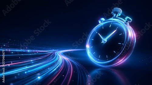 Glowing Neon Stopwatch On High Speed Optical Fiber Data Trail Representing Fast Response Time