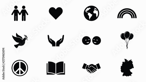 Collection of black and white symbolic icons representing unity