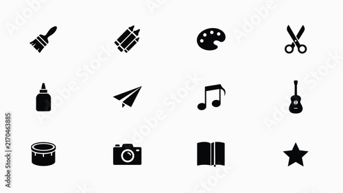 Nine black icons representing creative