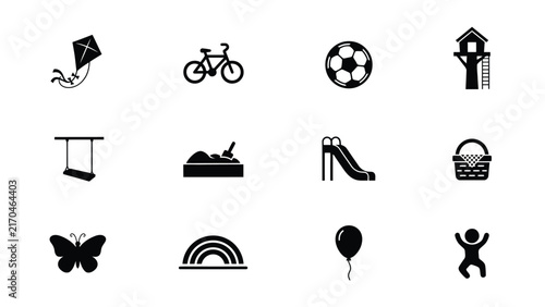 Assorted recreational icons in simple black silhouette style