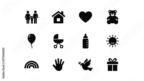 Black silhouettes of family and celebration icons on plain background