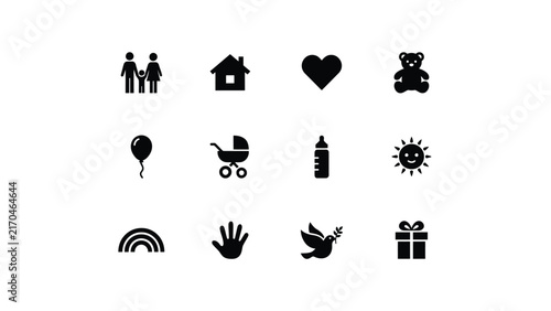 Black silhouettes of family themed icons on light background