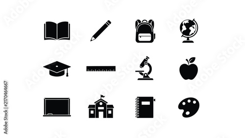 Black icons of educational tools and academic symbols in flat style