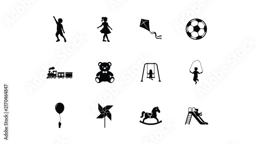 Children's outdoor play icons in simple black silhouettes