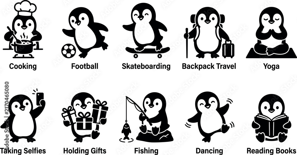 Obraz premium Cute penguin character icons set, also 10 black vector penguin hobby illustrations