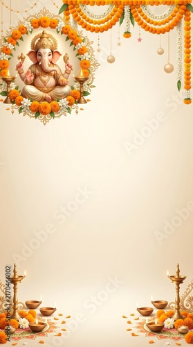 Lord ganesha ganesh chaturthi festival greeting card background with oil lamps