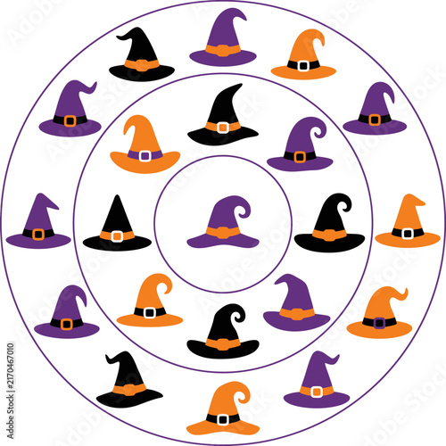 Halloween witch hats arranged in concentric circles with a central purple hat against a white background